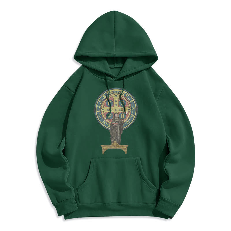 Classic Colored Style St. Benedict Medal Statue Fleece Lined Polyester Hoodie