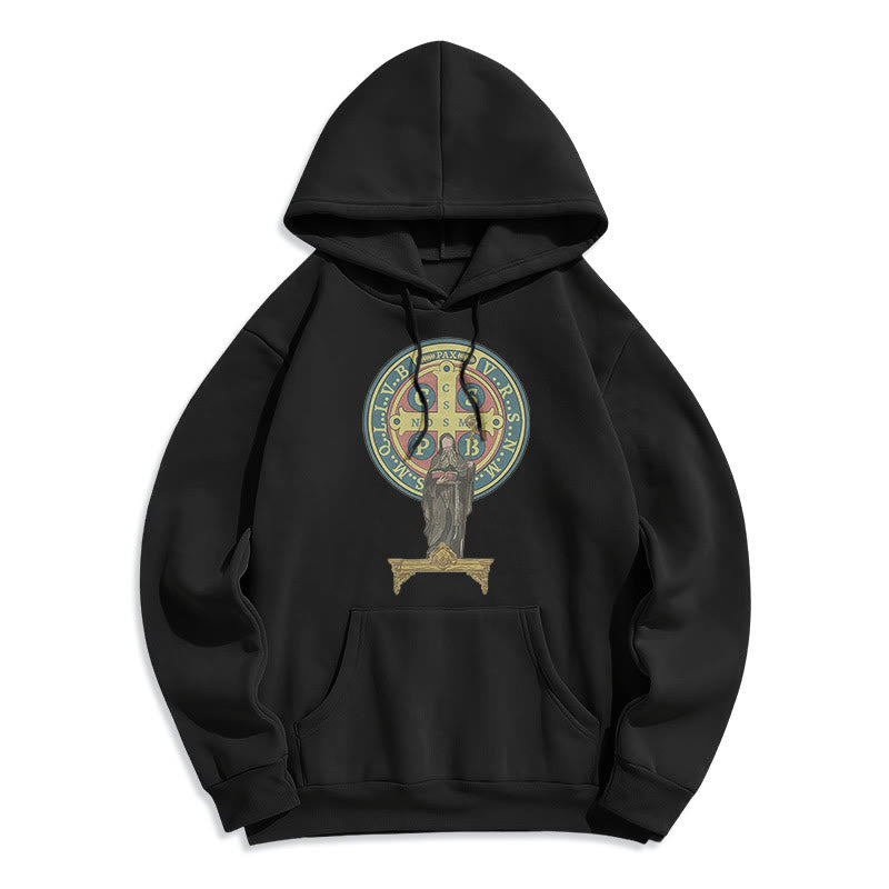 Classic Colored Style St. Benedict Medal Statue Fleece Lined Polyester Hoodie