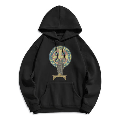 Classic Colored Style St. Benedict Medal Statue Fleece Lined Polyester Hoodie