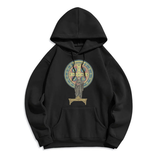 Classic Colored Style St. Benedict Medal Statue Fleece Lined Polyester Hoodie