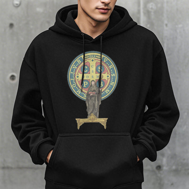 Classic Colored Style St. Benedict Medal Statue Fleece Lined Polyester Hoodie