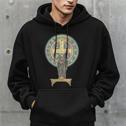 Classic Colored Style St. Benedict Medal Statue Fleece Lined Polyester Hoodie