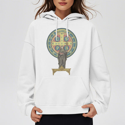 Classic Colored Style St. Benedict Medal Statue Fleece Lined Polyester Hoodie