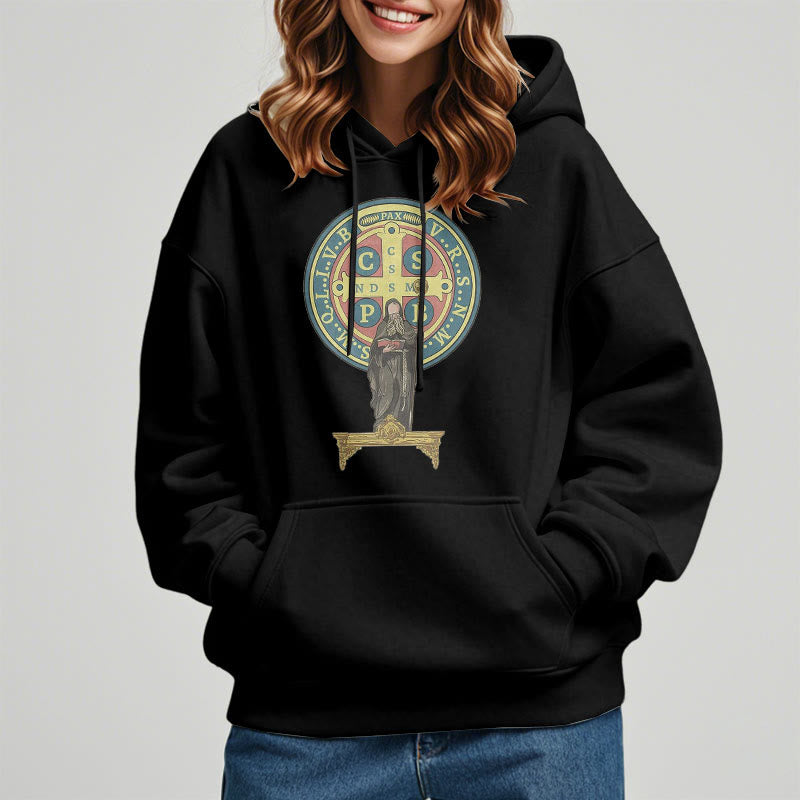 Classic Colored Style St. Benedict Medal Statue Fleece Lined Polyester Hoodie