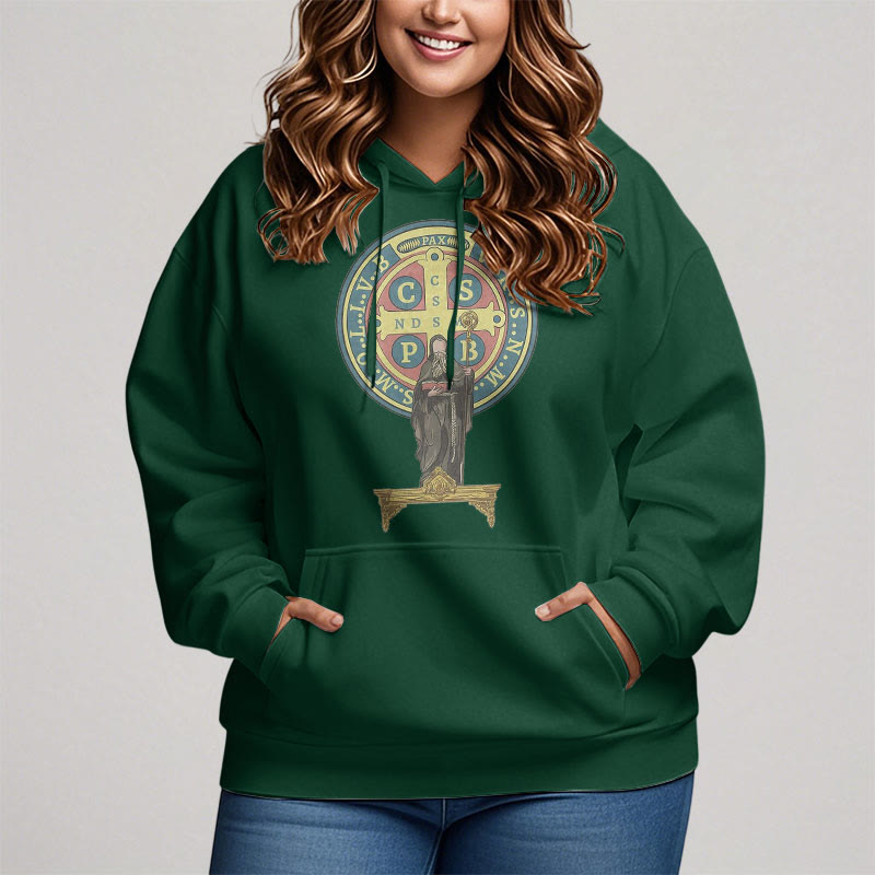 Classic Colored Style St. Benedict Medal Statue Fleece Lined Polyester Hoodie