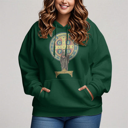Classic Colored Style St. Benedict Medal Statue Fleece Lined Polyester Hoodie