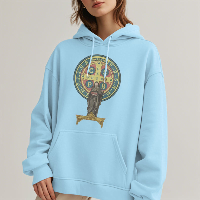 Classic Colored Style St. Benedict Medal Statue Fleece Lined Polyester Hoodie