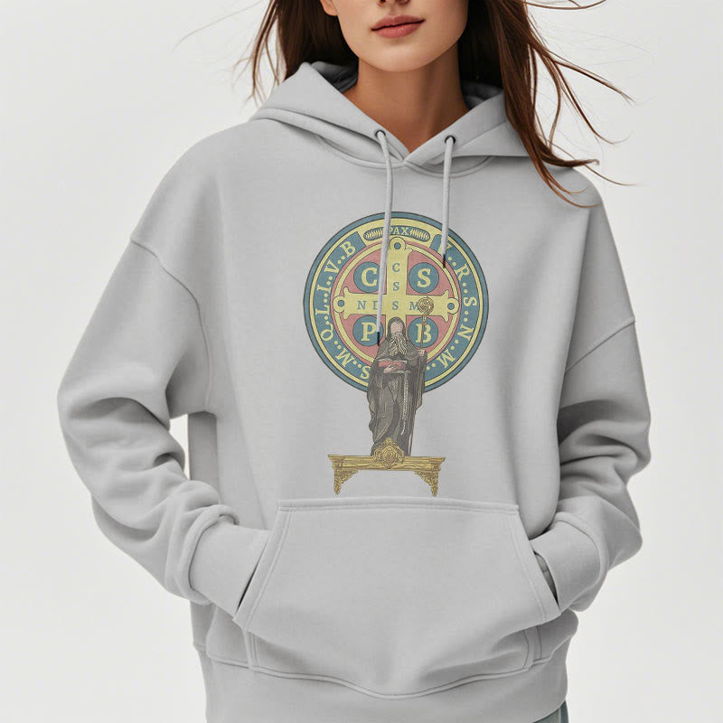 Classic Colored Style St. Benedict Medal Statue Fleece Lined Polyester Hoodie