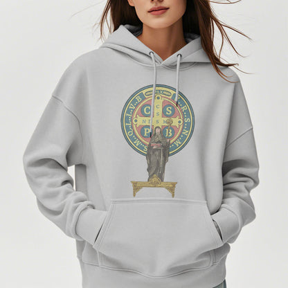 Classic Colored Style St. Benedict Medal Statue Fleece Lined Polyester Hoodie