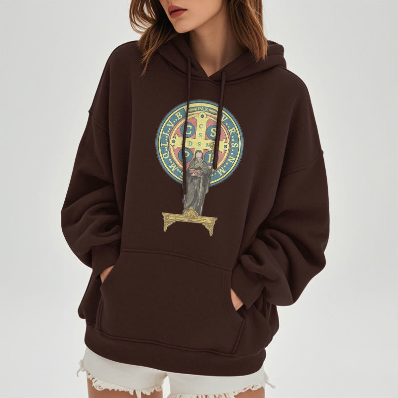 Classic Colored Style St. Benedict Medal Statue Fleece Lined Polyester Hoodie