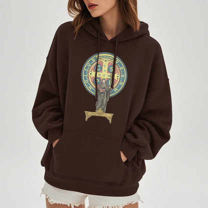Classic Colored Style St. Benedict Medal Statue Fleece Lined Polyester Hoodie