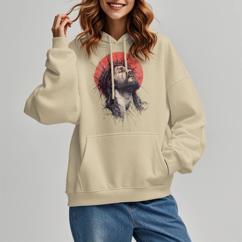 Classic Colored Style Jesus Crown of Thorns Fleece Lined Polyester Hoodie