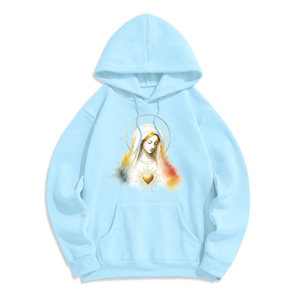 Modern Style Halo Sacred Heart Virgin Mary Fleece Lined Polyester Hoodie
