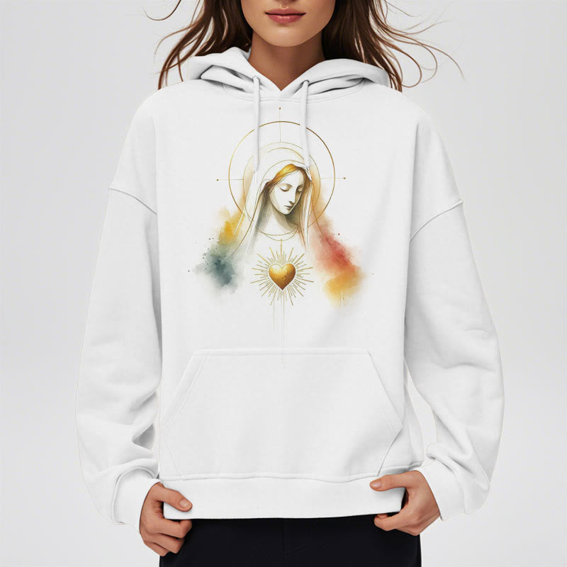 Modern Style Halo Sacred Heart Virgin Mary Fleece Lined Polyester Hoodie