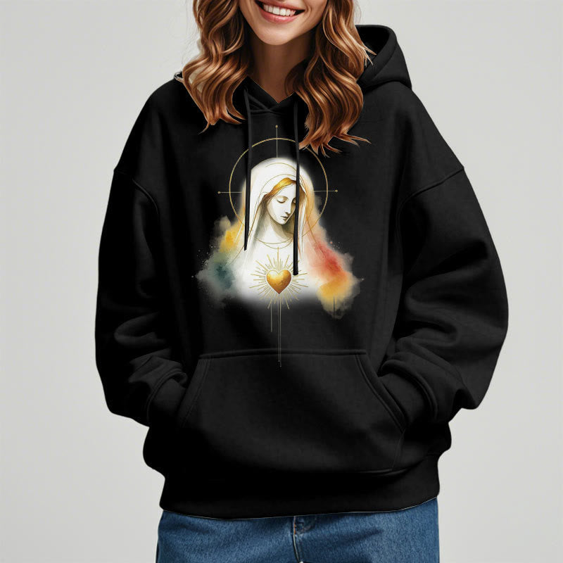 Modern Style Halo Sacred Heart Virgin Mary Fleece Lined Polyester Hoodie