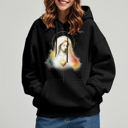 Modern Style Halo Sacred Heart Virgin Mary Fleece Lined Polyester Hoodie