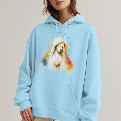 Modern Style Halo Sacred Heart Virgin Mary Fleece Lined Polyester Hoodie