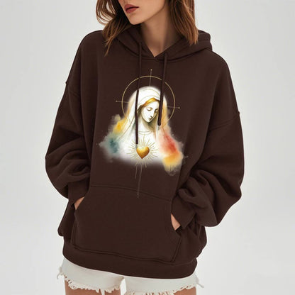 Modern Style Halo Sacred Heart Virgin Mary Fleece Lined Polyester Hoodie