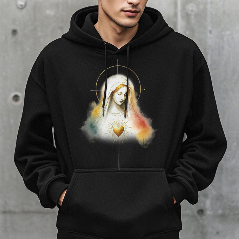 Modern Style Halo Sacred Heart Virgin Mary Fleece Lined Polyester Hoodie