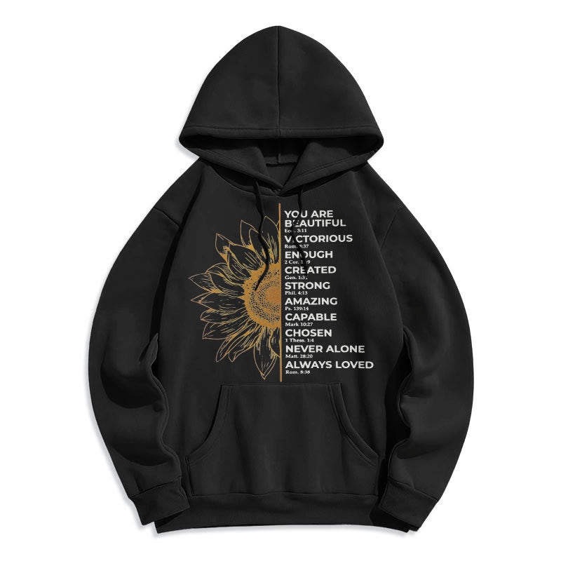 Quotation Style Sunflower Strength Positivity Fleece Lined Polyester Hoodie