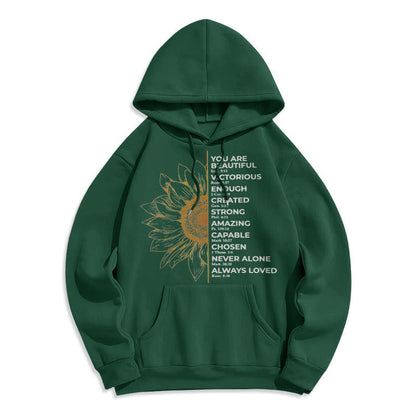 Quotation Style Sunflower Strength Positivity Fleece Lined Polyester Hoodie