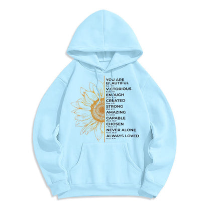 Quotation Style Sunflower Strength Positivity Fleece Lined Polyester Hoodie