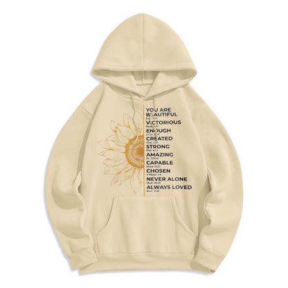 Quotation Style Sunflower Strength Positivity Fleece Lined Polyester Hoodie