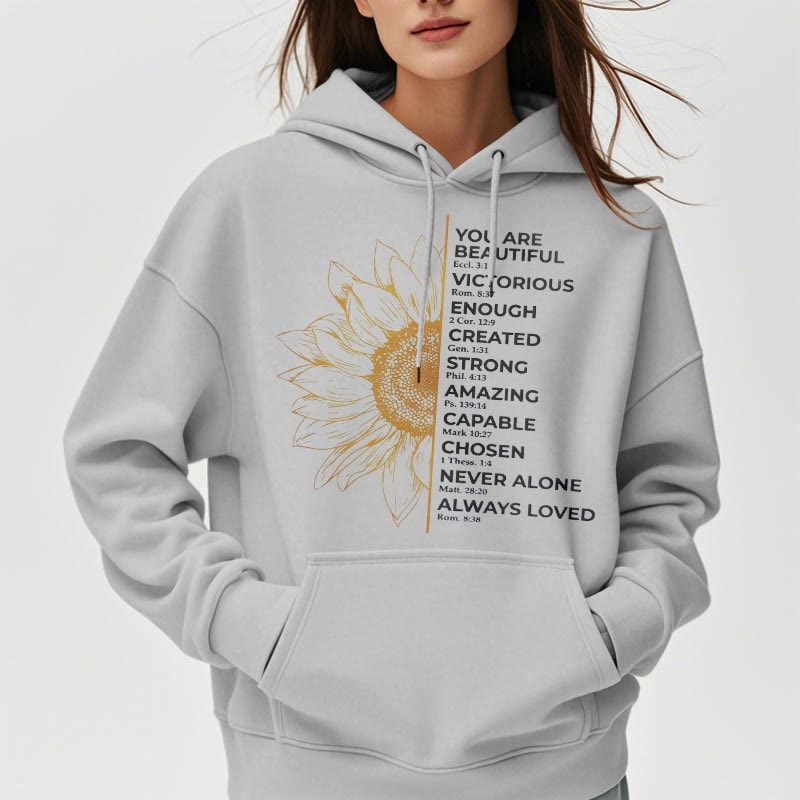 Quotation Style Sunflower Strength Positivity Fleece Lined Polyester Hoodie