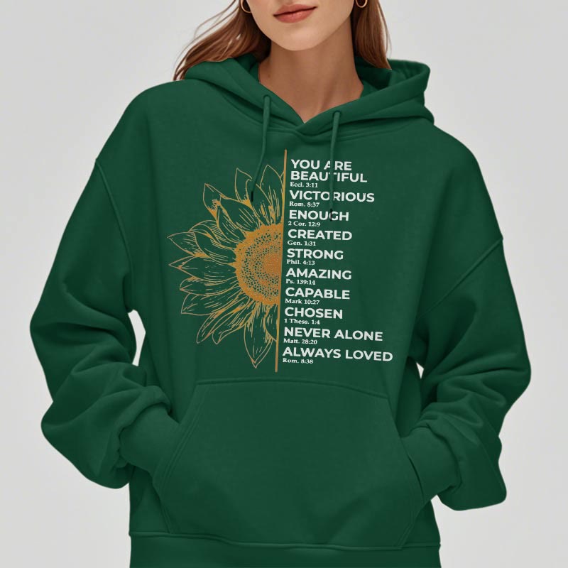 Quotation Style Sunflower Strength Positivity Fleece Lined Polyester Hoodie