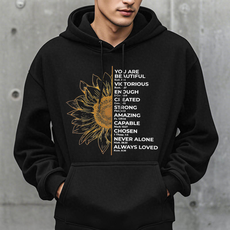 Quotation Style Sunflower Strength Positivity Fleece Lined Polyester Hoodie