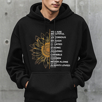 Quotation Style Sunflower Strength Positivity Fleece Lined Polyester Hoodie