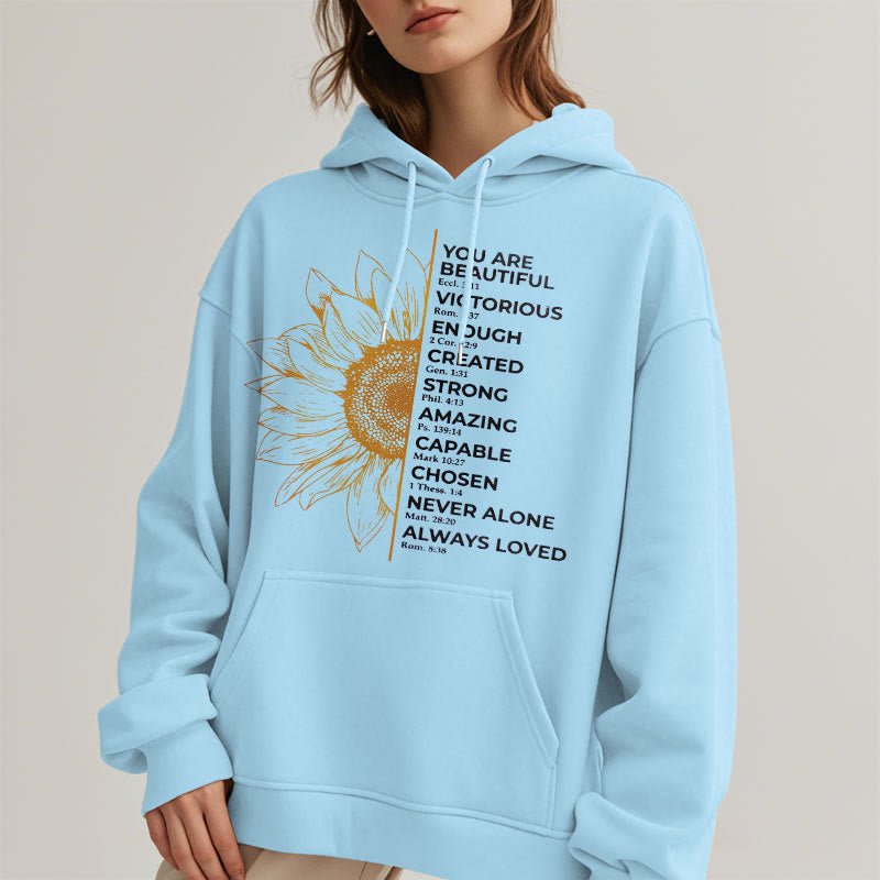 Quotation Style Sunflower Strength Positivity Fleece Lined Polyester Hoodie