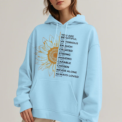 Quotation Style Sunflower Strength Positivity Fleece Lined Polyester Hoodie