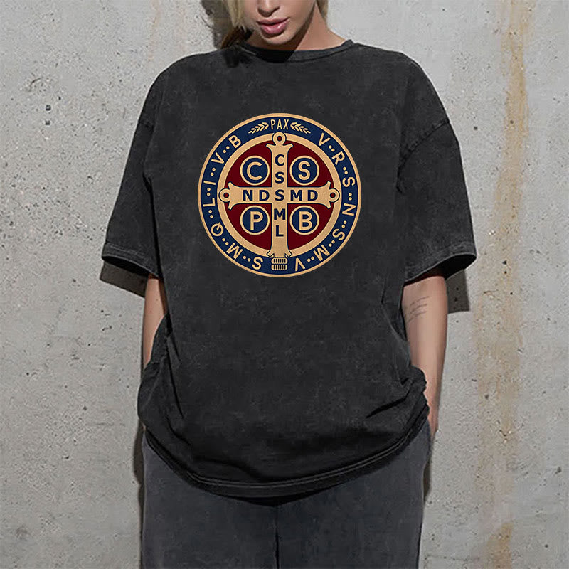 Christianartworkshop St. Benedict Medal Holy Cross Unisex Washed T-Shirt