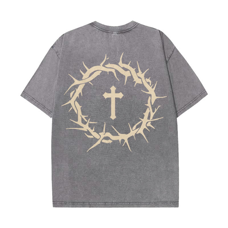 Christianartworkshop Faith Over Fear Thorn Cross Unisex Washed T-Shirt