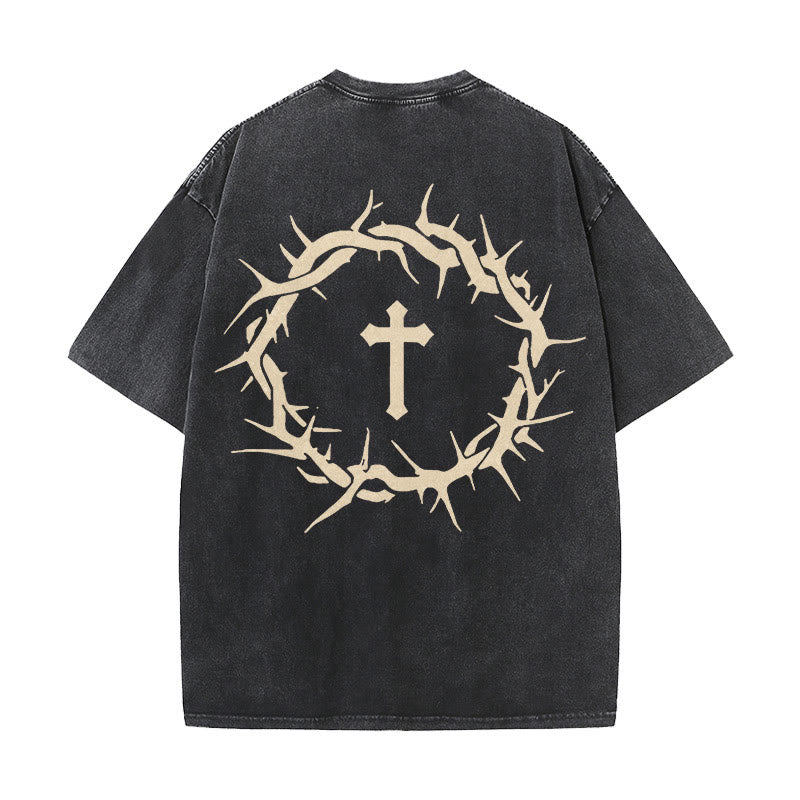 Christianartworkshop Faith Over Fear Thorn Cross Unisex Washed T-Shirt