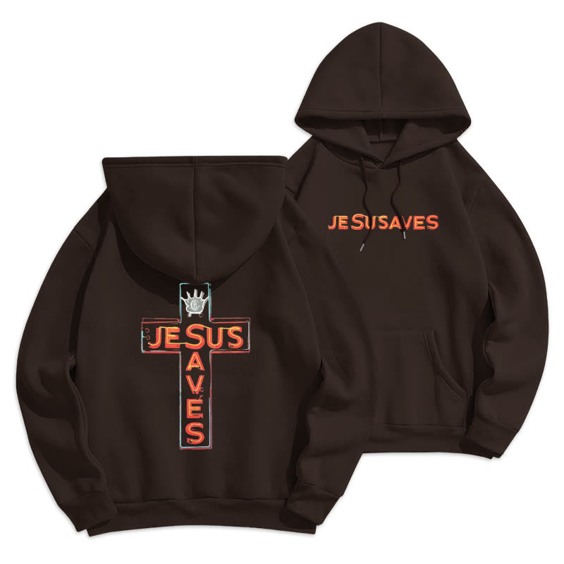 Jesus Saves Cross Graphic Faith Statement Fleece Lined Polyester Hoodie