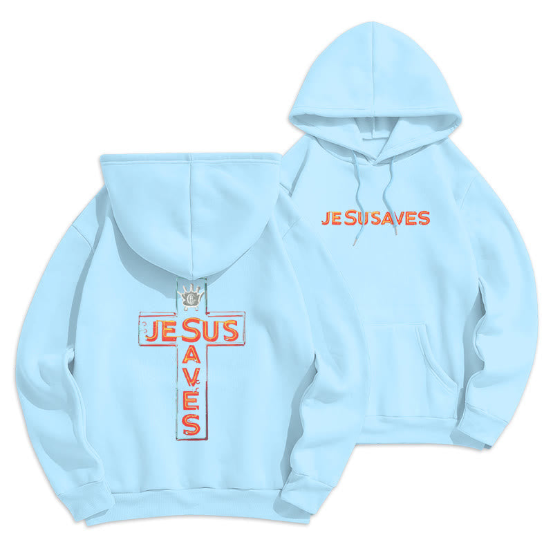 Jesus Saves Cross Graphic Faith Statement Fleece Lined Polyester Hoodie