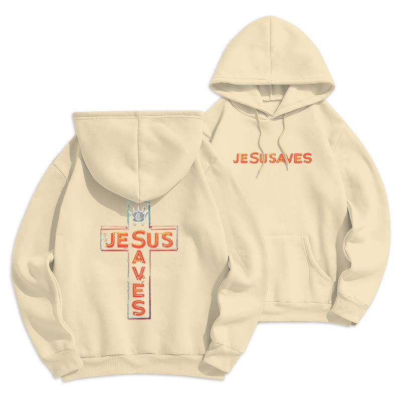 Jesus Saves Cross Graphic Faith Statement Fleece Lined Polyester Hoodie