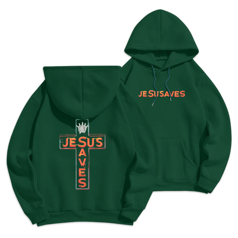 Jesus Saves Cross Graphic Faith Statement Fleece Lined Polyester Hoodie