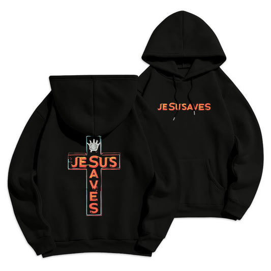 Jesus Saves Cross Graphic Faith Statement Fleece Lined Polyester Hoodie