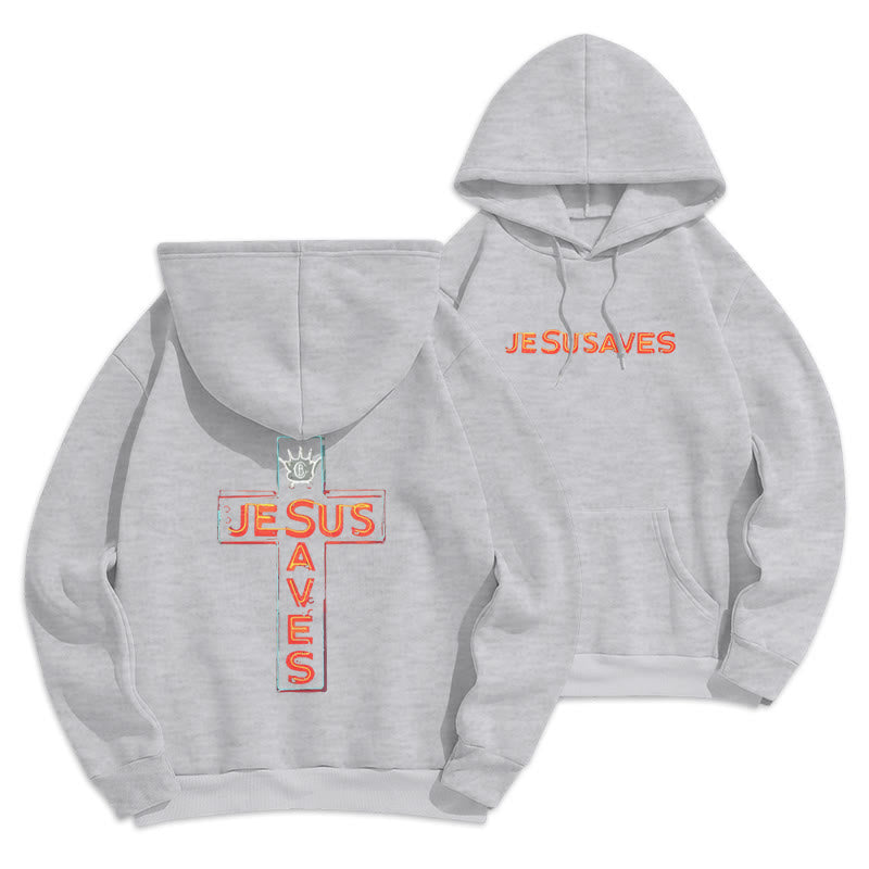 Jesus Saves Cross Graphic Faith Statement Fleece Lined Polyester Hoodie
