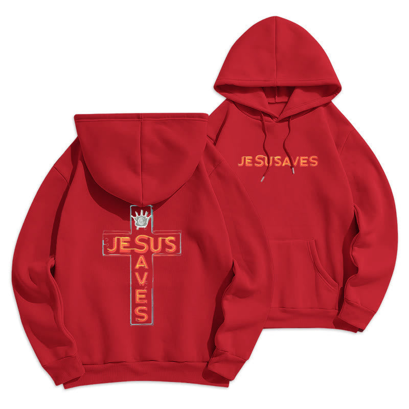 Jesus Saves Cross Graphic Faith Statement Fleece Lined Polyester Hoodie