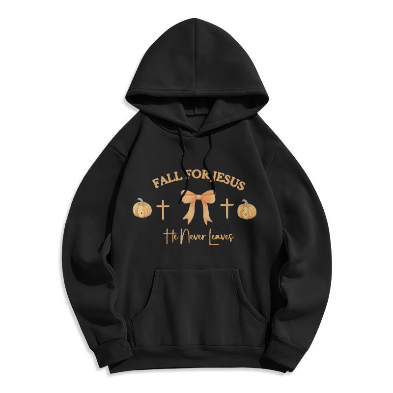Fall For Jesus Pumpkin Cross & Bow Fleece Lined Polyester Hoodie