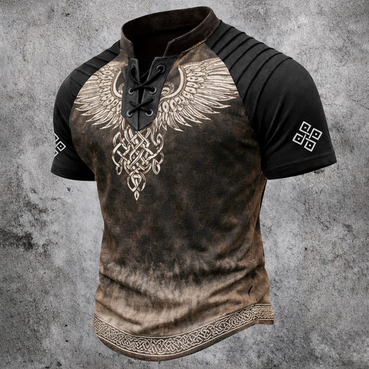 Men's Viking Celtic Print Short Sleeve Henley Shirt - Distressed Lace-Up Pullover Top