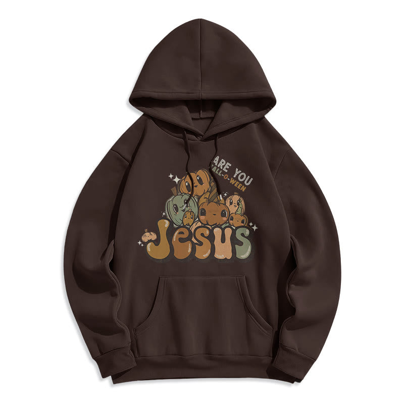 Whimsical Pumpkin Design with "Jesus" Print Fleece Lined Polyester Hoodie