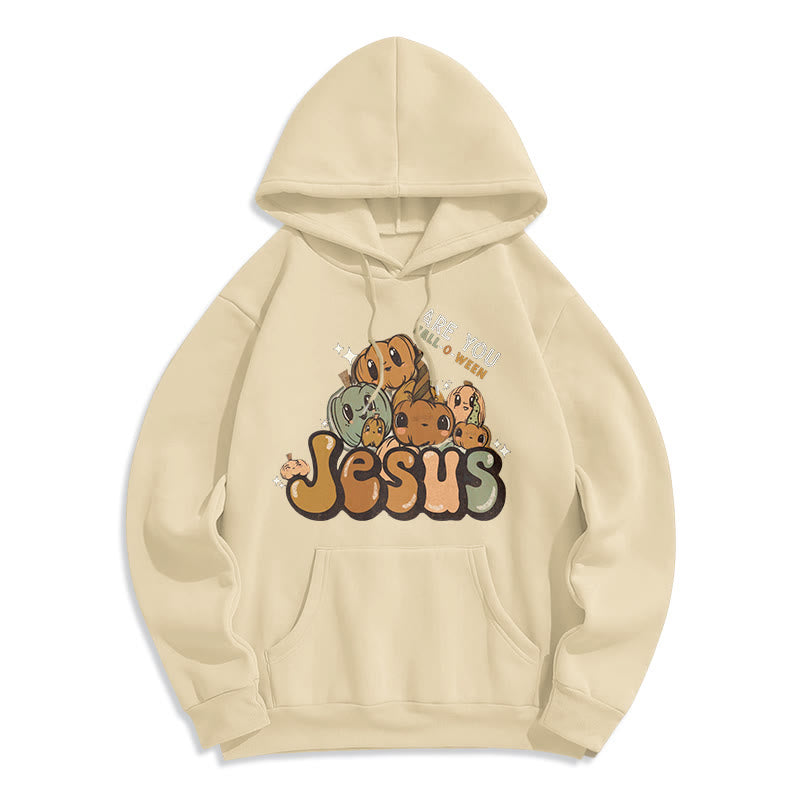 Whimsical Pumpkin Design with "Jesus" Print Fleece Lined Polyester Hoodie