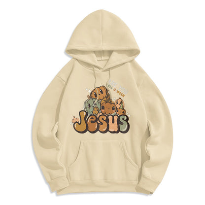 Whimsical Pumpkin Design with "Jesus" Print Fleece Lined Polyester Hoodie