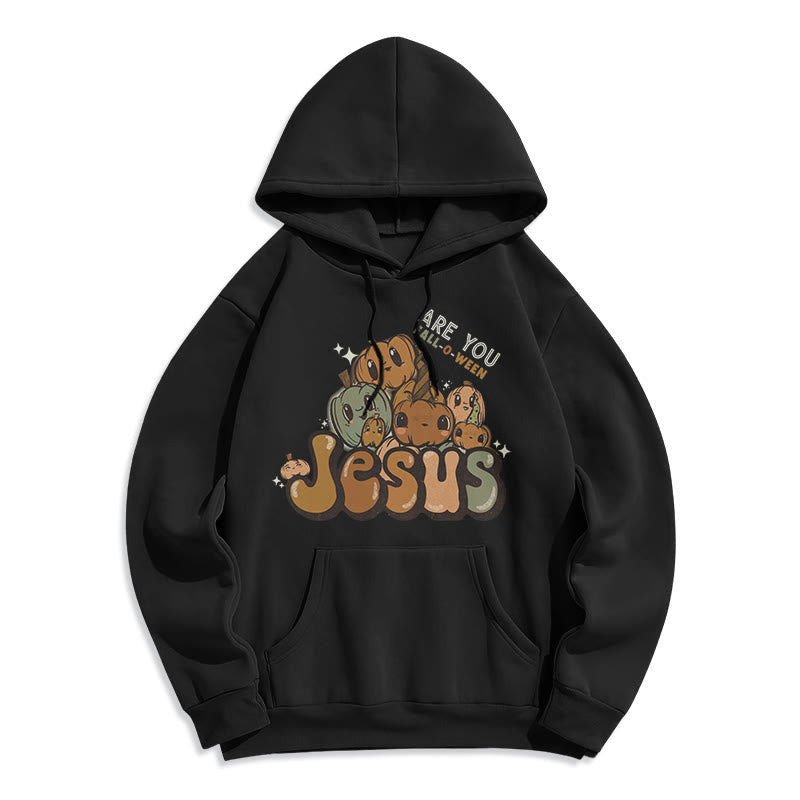 Whimsical Pumpkin Design with "Jesus" Print Fleece Lined Polyester Hoodie