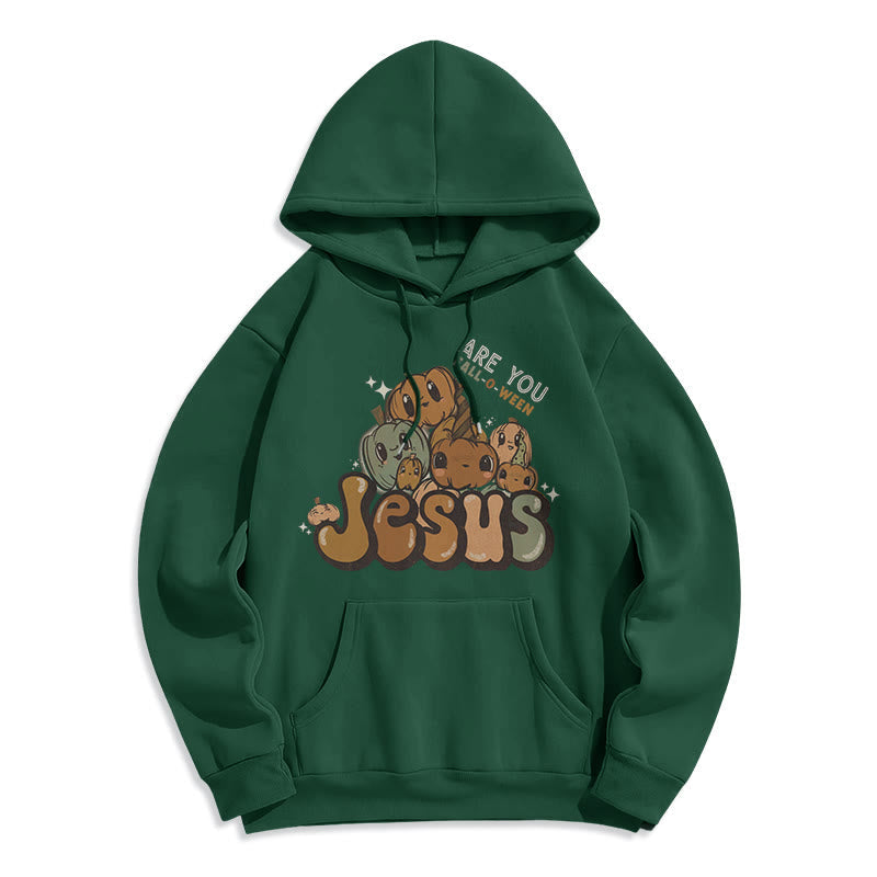 Whimsical Pumpkin Design with "Jesus" Print Fleece Lined Polyester Hoodie